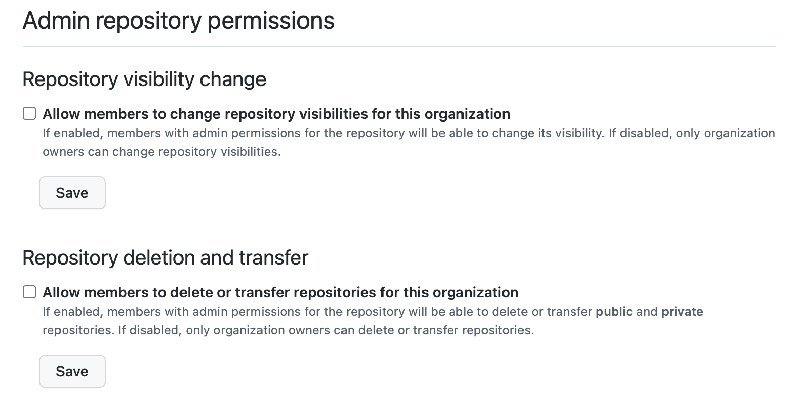 Visibility change and repo deletion and transfer to uncheck!